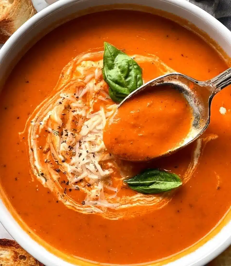 Bowl of delicious, homemade Tomato Basil Soup garnished with basil leaves.
