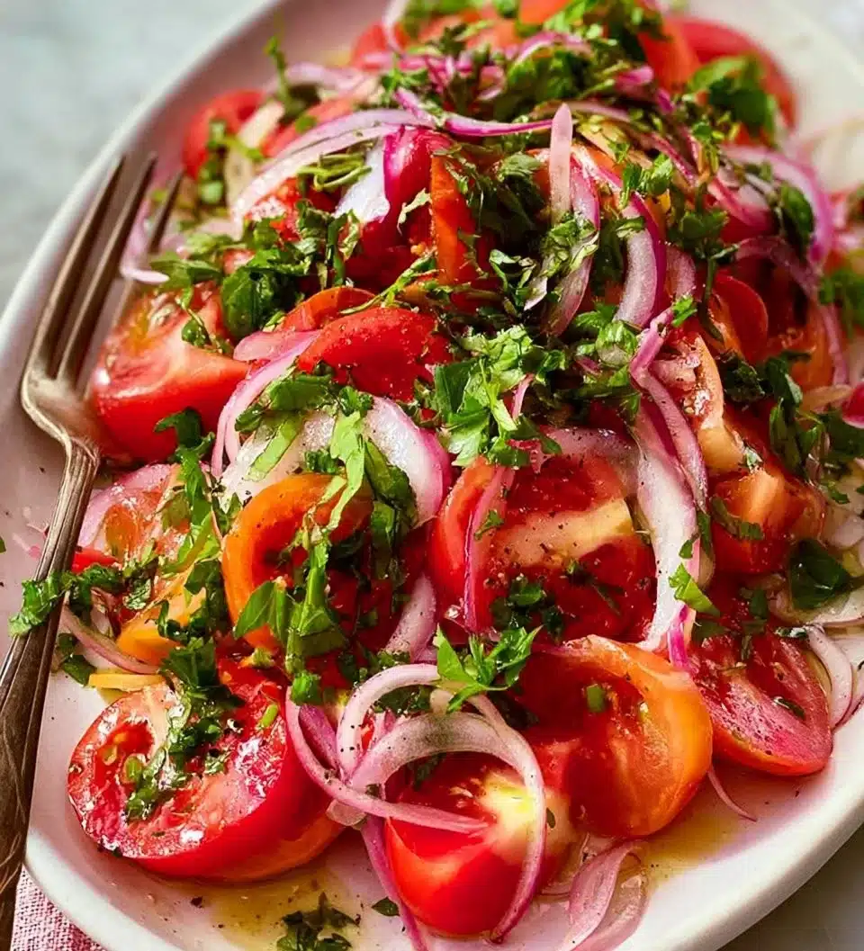 Fresh tomato salad with colorful vegetables and herbs on a plate.