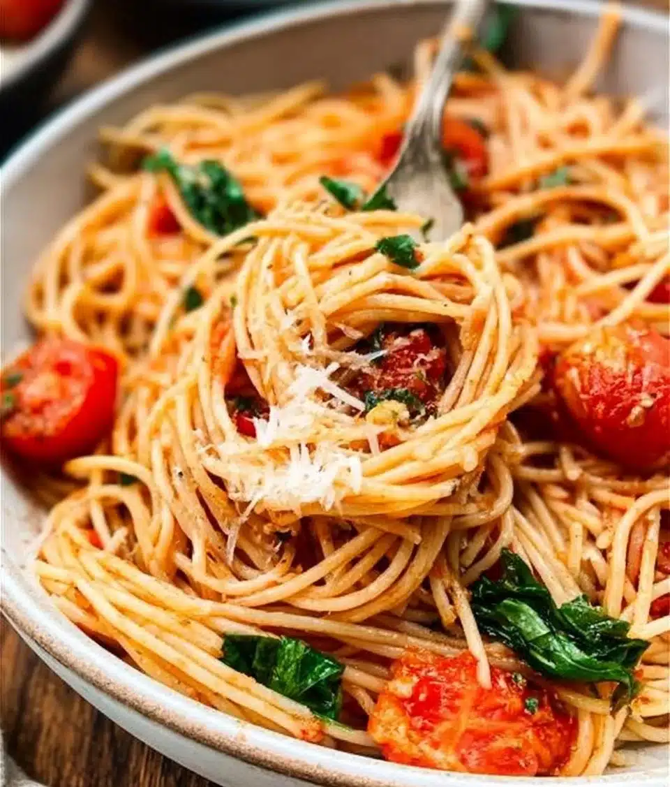 Bowl of delicious Tomato Spaghetti topped with fresh basil and parmesan.