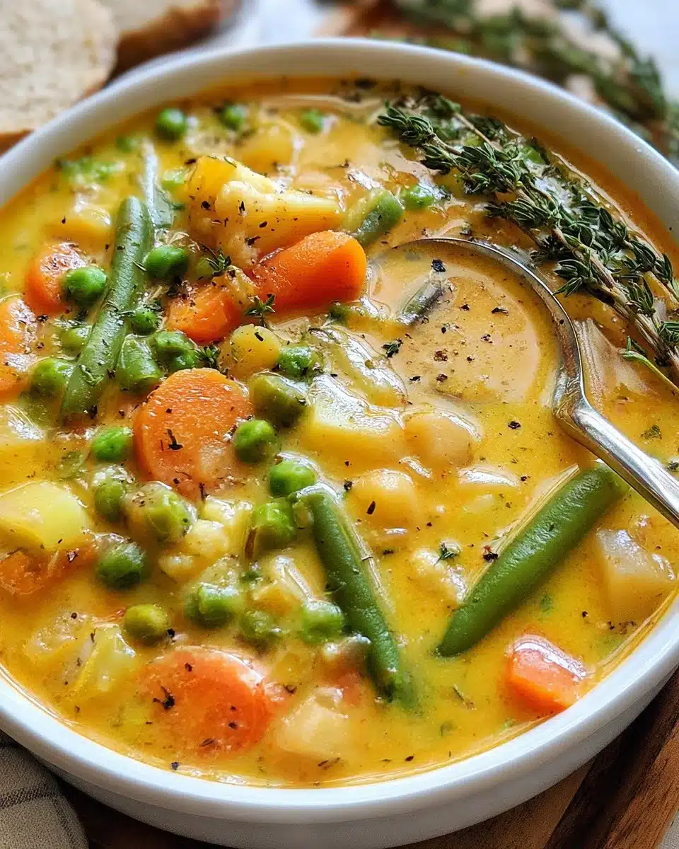 Bowl of hearty vegetable soup with fresh vegetables and herbs