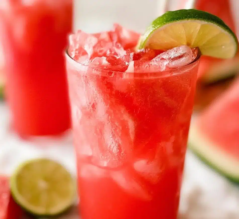 A glass of Watermelon Agua Fresca served with watermelon slices