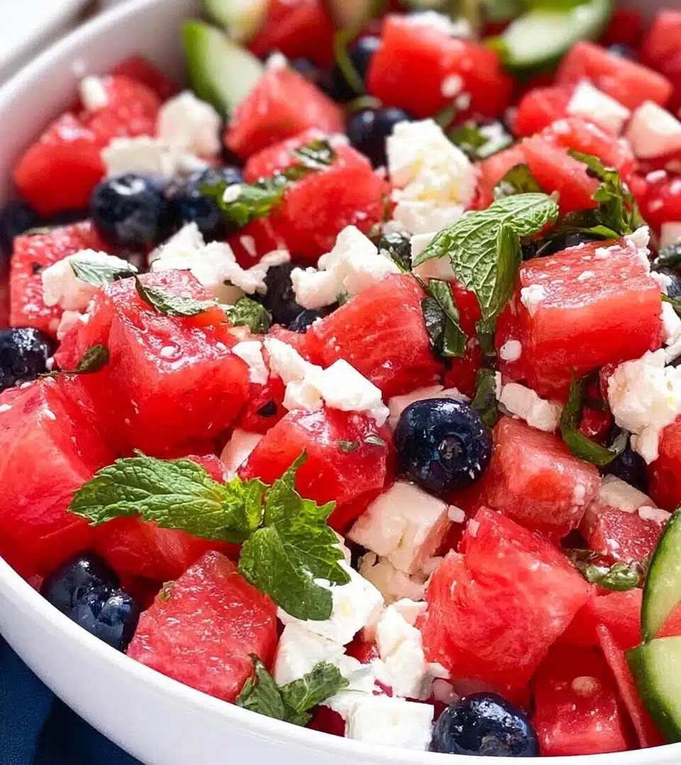 Refreshing Watermelon Feta Salad with mint in a bowl