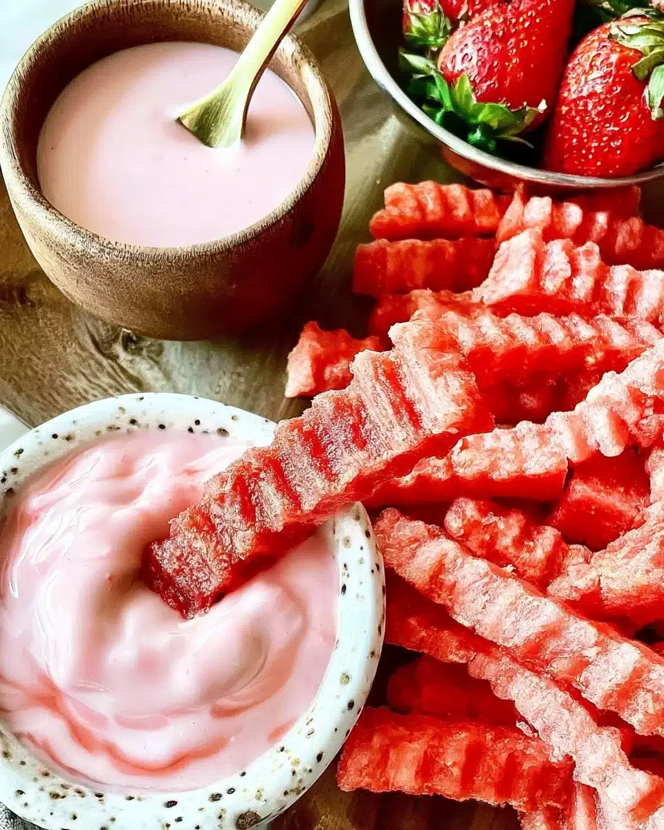 Plate of crispy watermelon fries served with dipping sauce