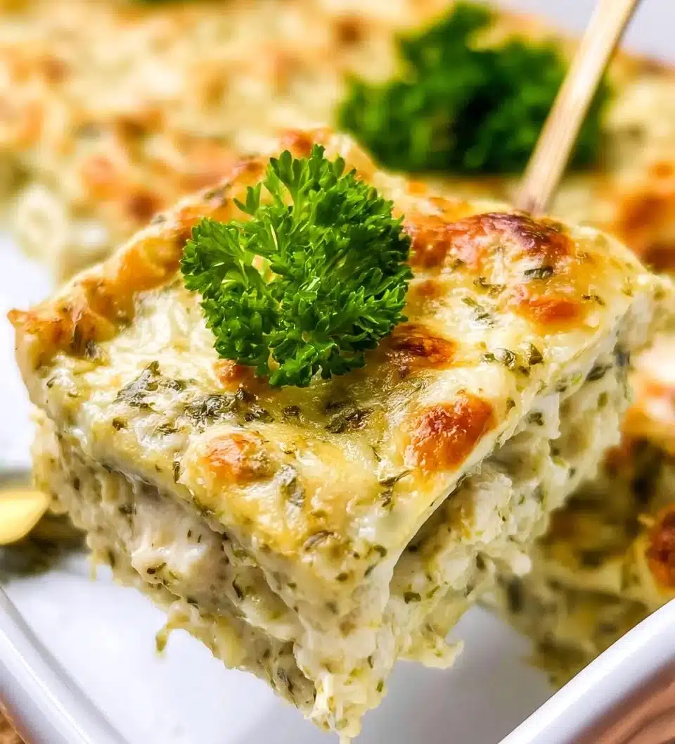 Delicious white chicken lasagna with creamy sauce and melted cheese