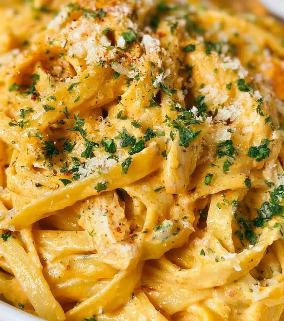 Bowl of homemade Alfredo Sauce with fresh herbs on a wooden table