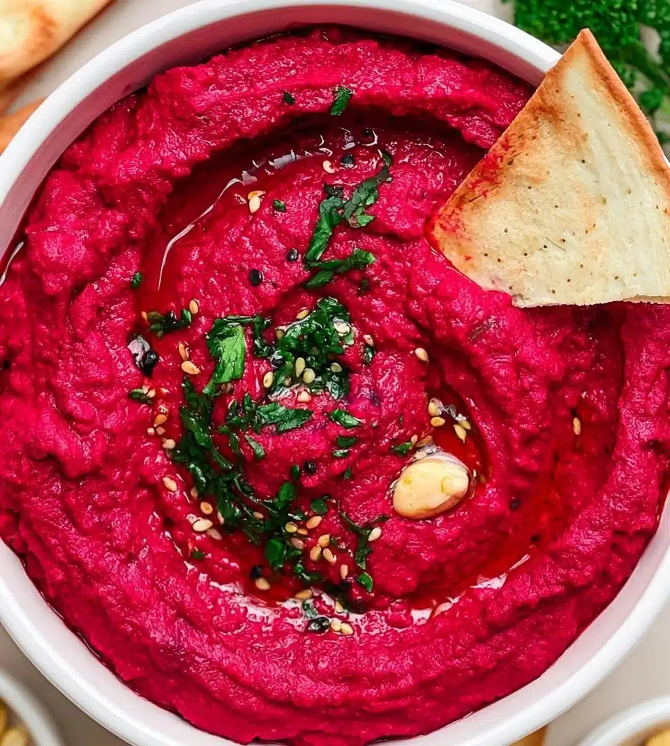 Beet hummus served in a bowl with fresh vegetables for dipping