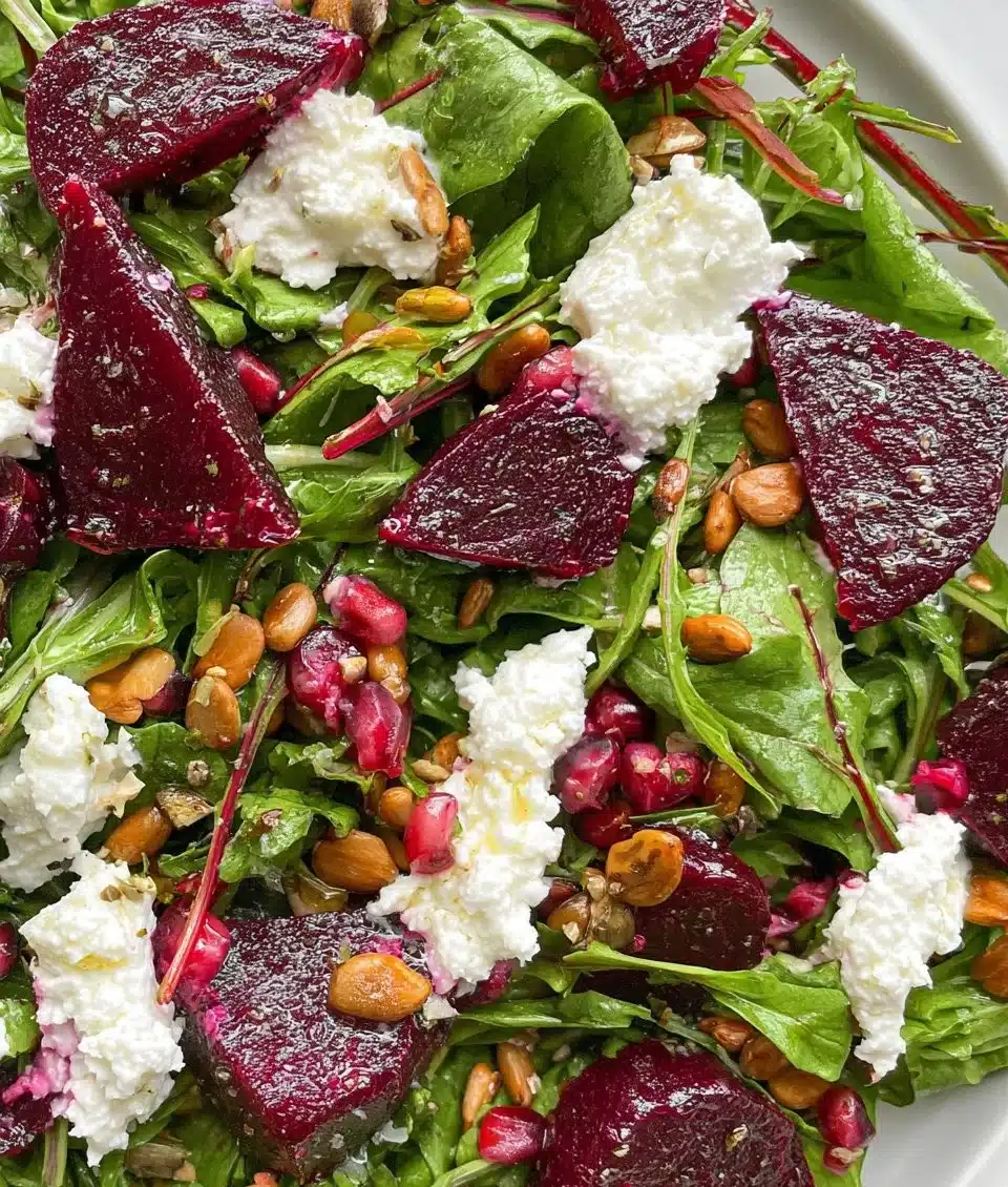 Colorful and fresh beet salad with greens and dressing