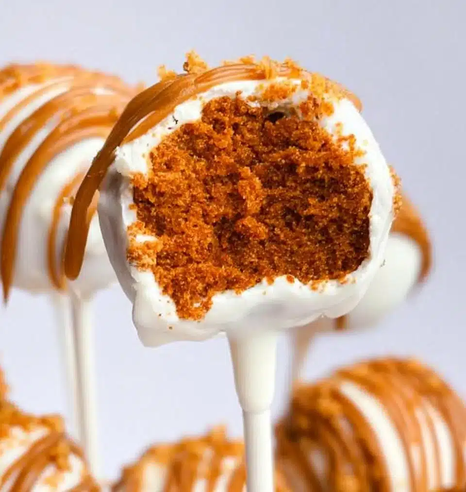 Delicious Biscoff Cake Pops on a platter garnished with cookie crumbs