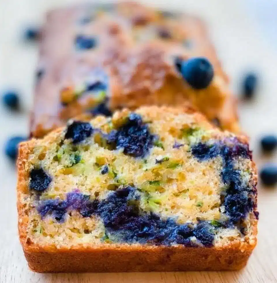 Delicious slice of blueberry zucchini bread with blueberries on top