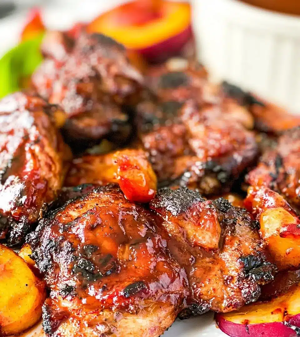 Bourbon Peach BBQ Chicken served on a grill with vibrant peach slices.