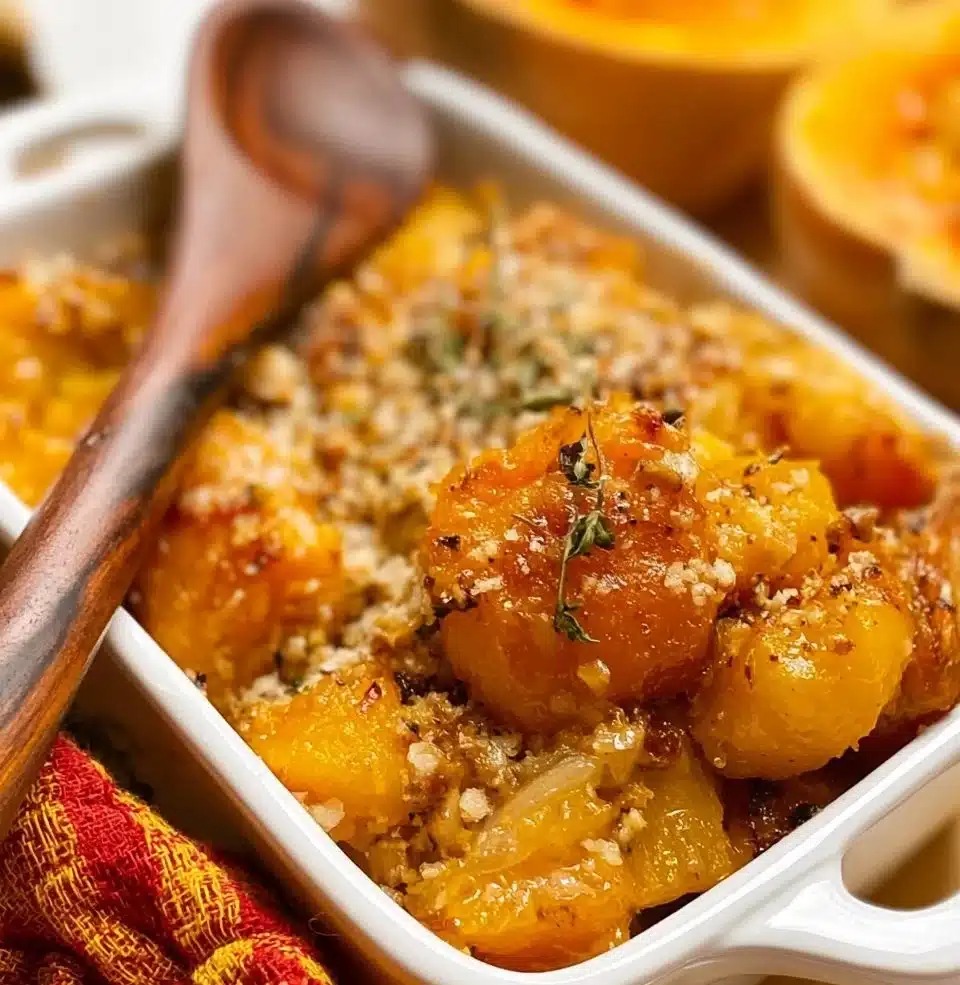 Delicious brown butter butternut squash casserole topped with golden breadcrumbs