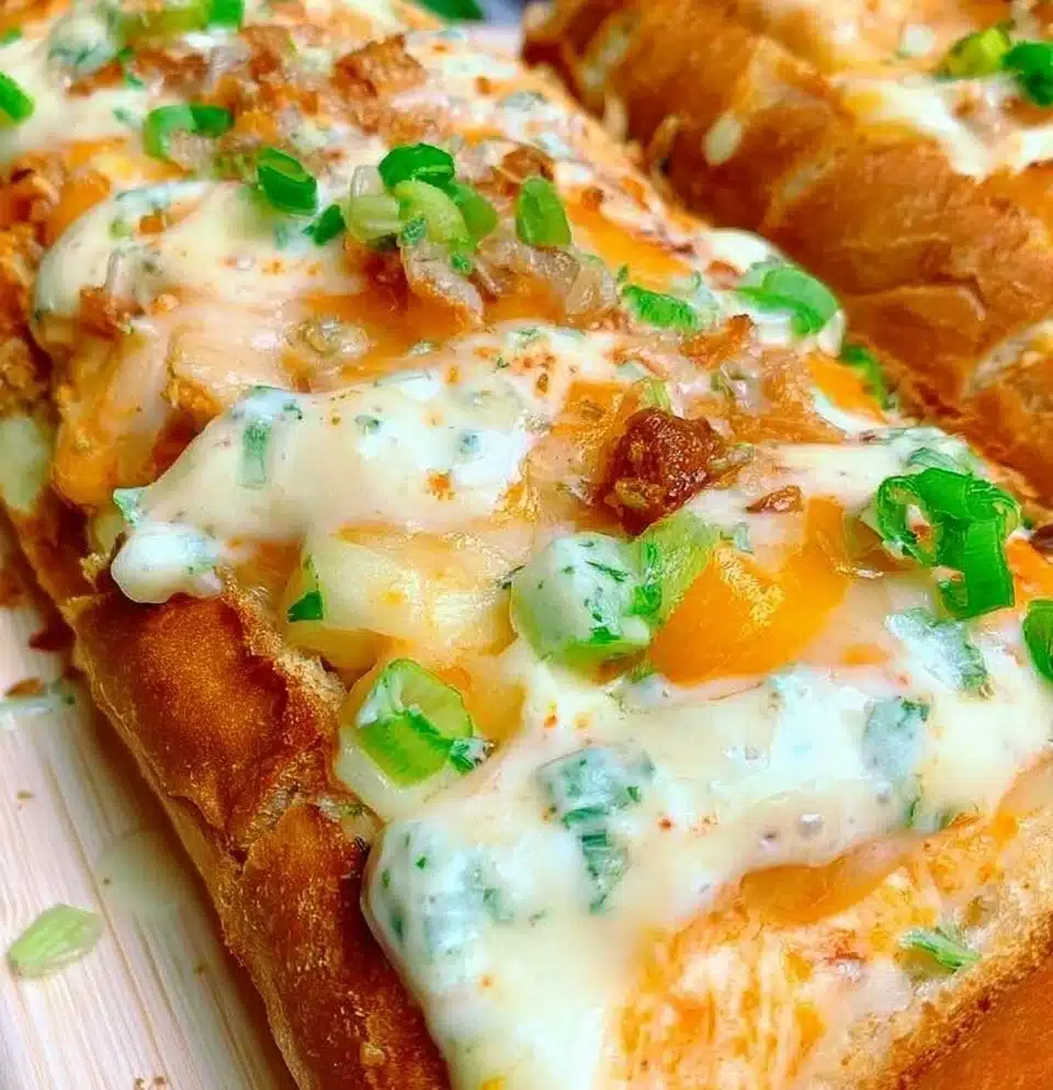 Buffalo Chicken Garlic Bread topped with melted cheese and garnished with parsley