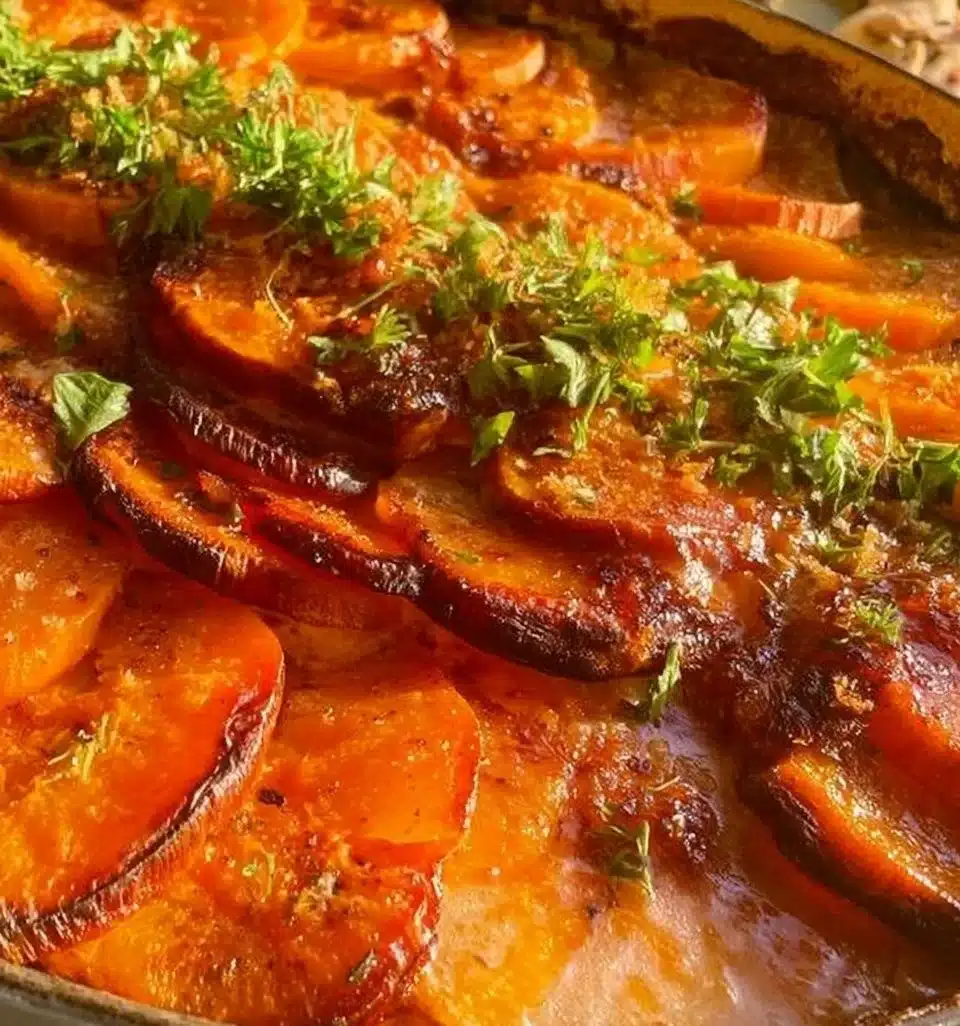Creamy butternut squash and sweet potato potato gratin dish, garnished and ready to serve.
