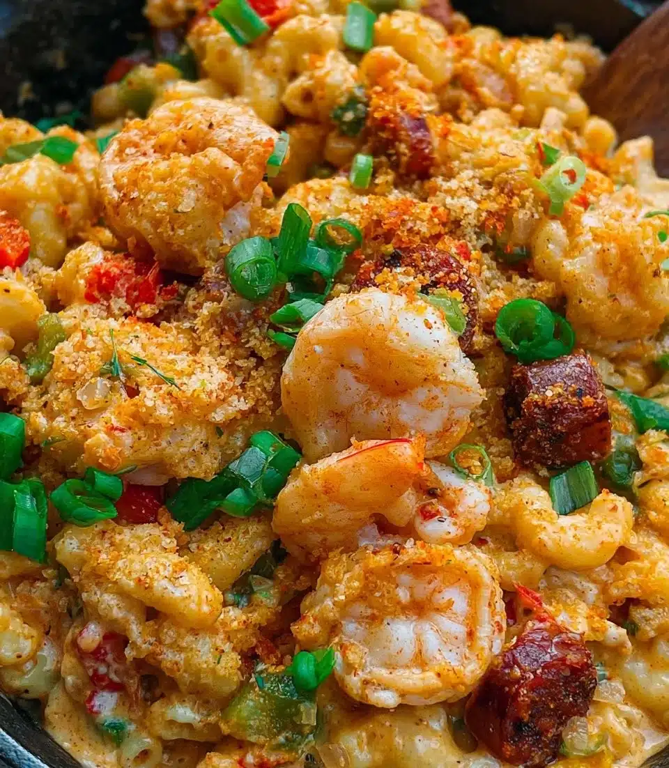 Cajun shrimp and sausage macaroni and cheese in a creamy sauce