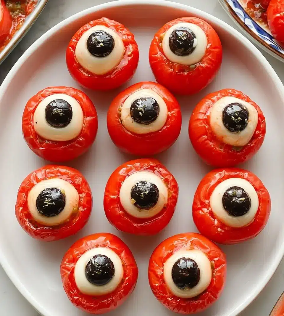 Plate of delicious Caprese Bites with tomatoes, mozzarella, and basil leaves.