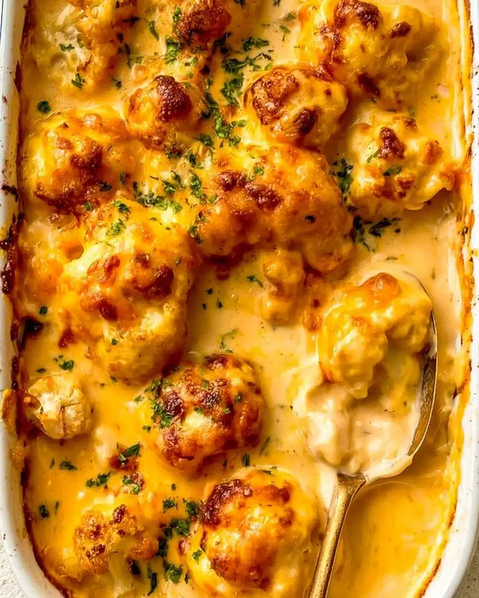 A delicious serving of cauliflower cheese topped with golden cheese crust