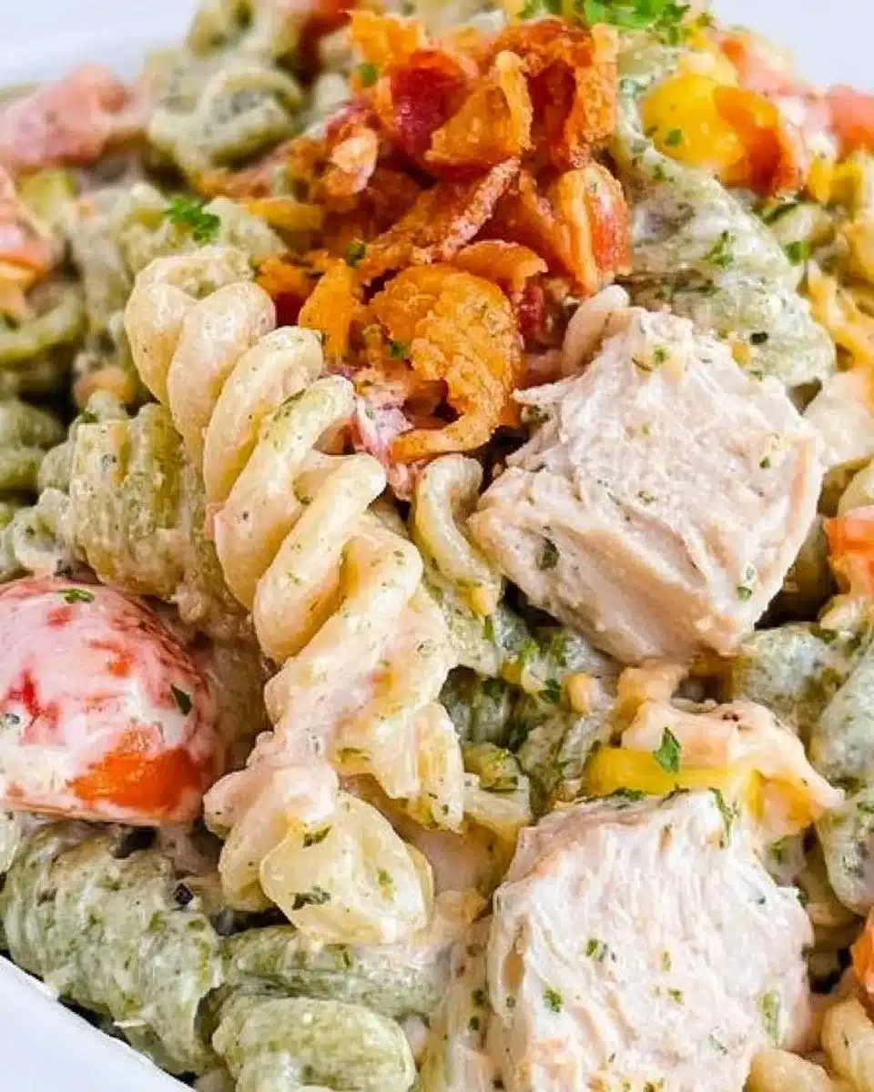 Bowl of chicken bacon ranch pasta salad with fresh ingredients and dressing