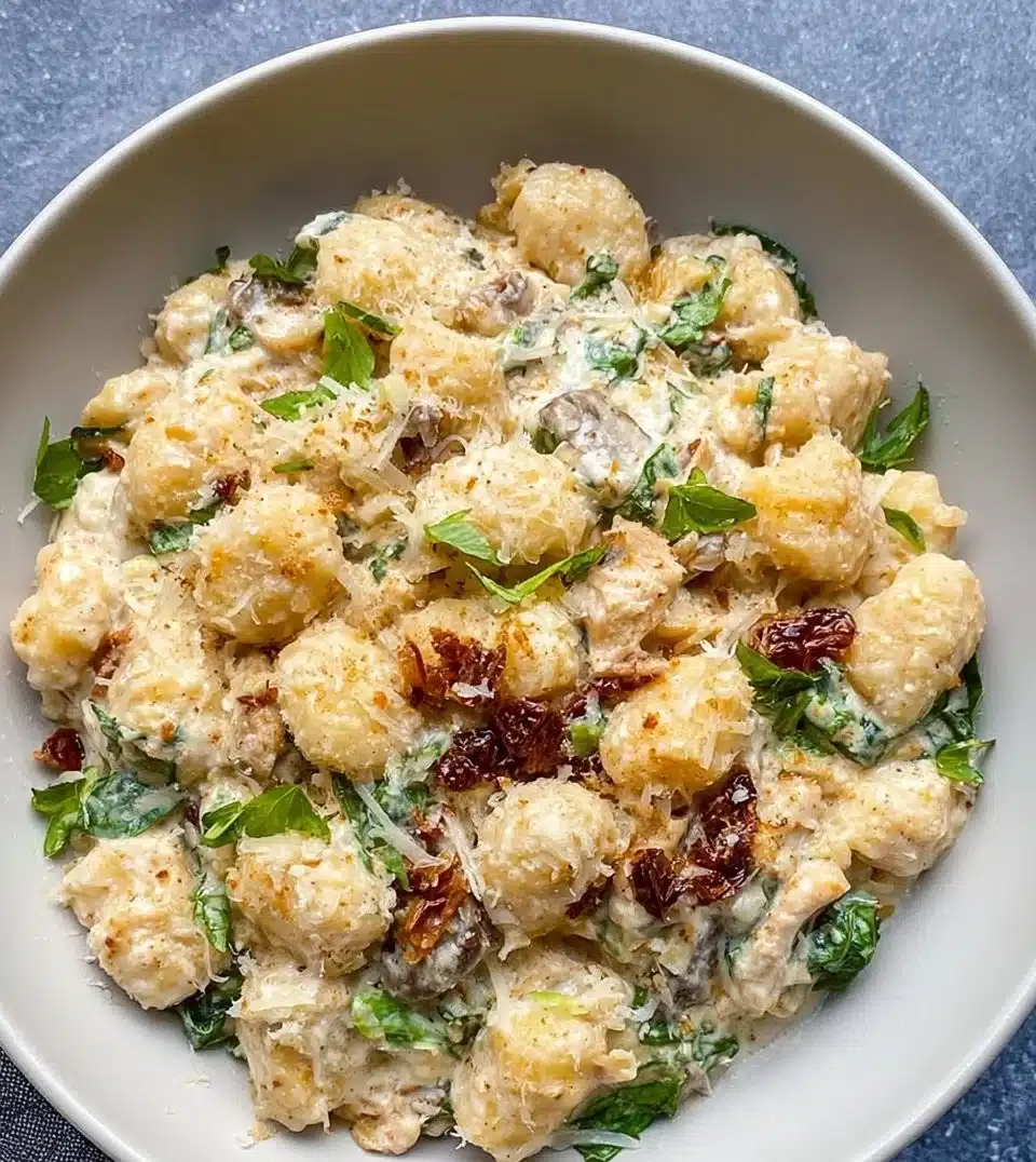 Delicious Chicken Gnocchi served in a creamy sauce with fresh herbs.