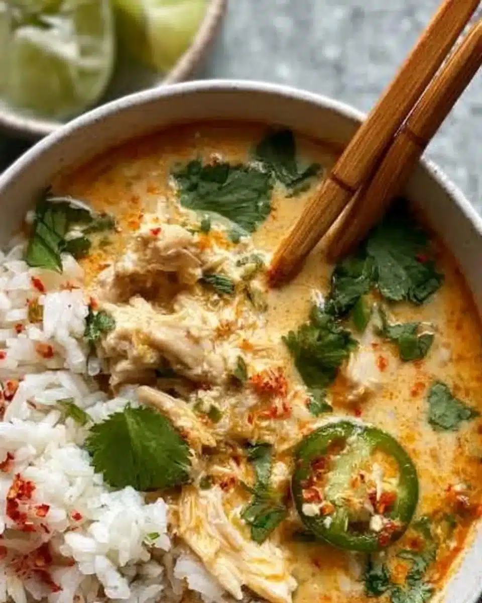 Delicious Coconut Chicken served with fluffy rice, garnished with herbs.