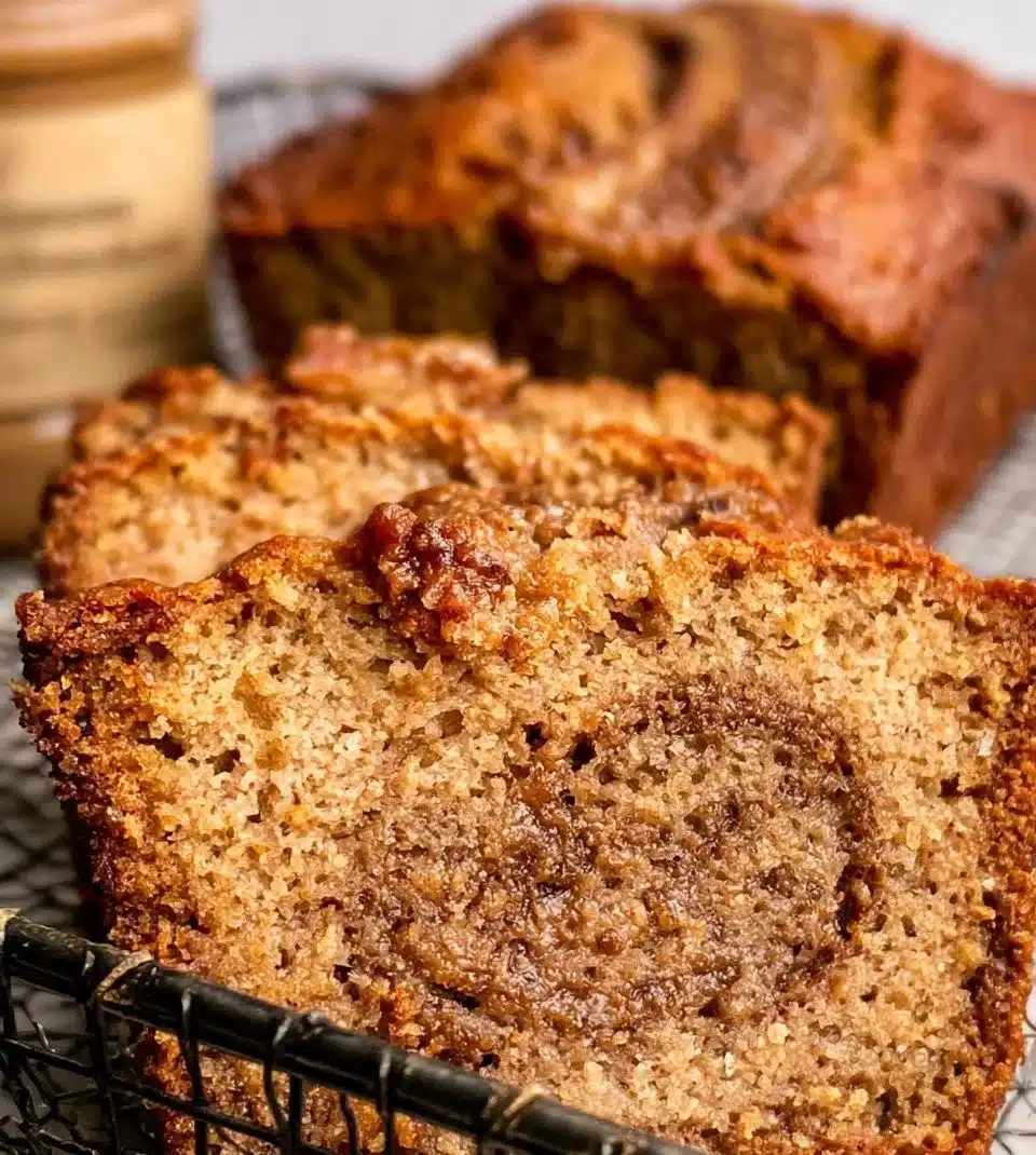 Delicious slice of Cookie Butter Banana Bread on a wooden cutting board