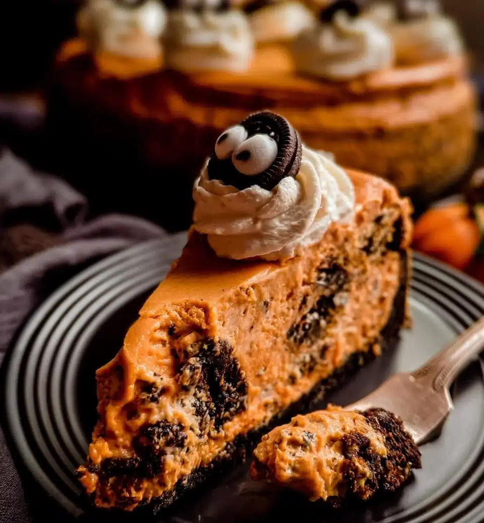 Delicious slice of Cookies and Cream Cheesecake topped with chocolate cookies