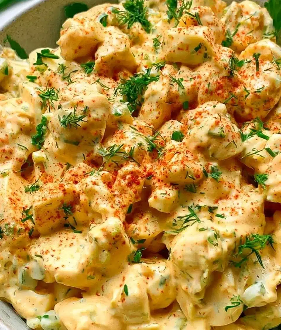 Delicious deviled egg salad served in a bowl, garnished with herbs.