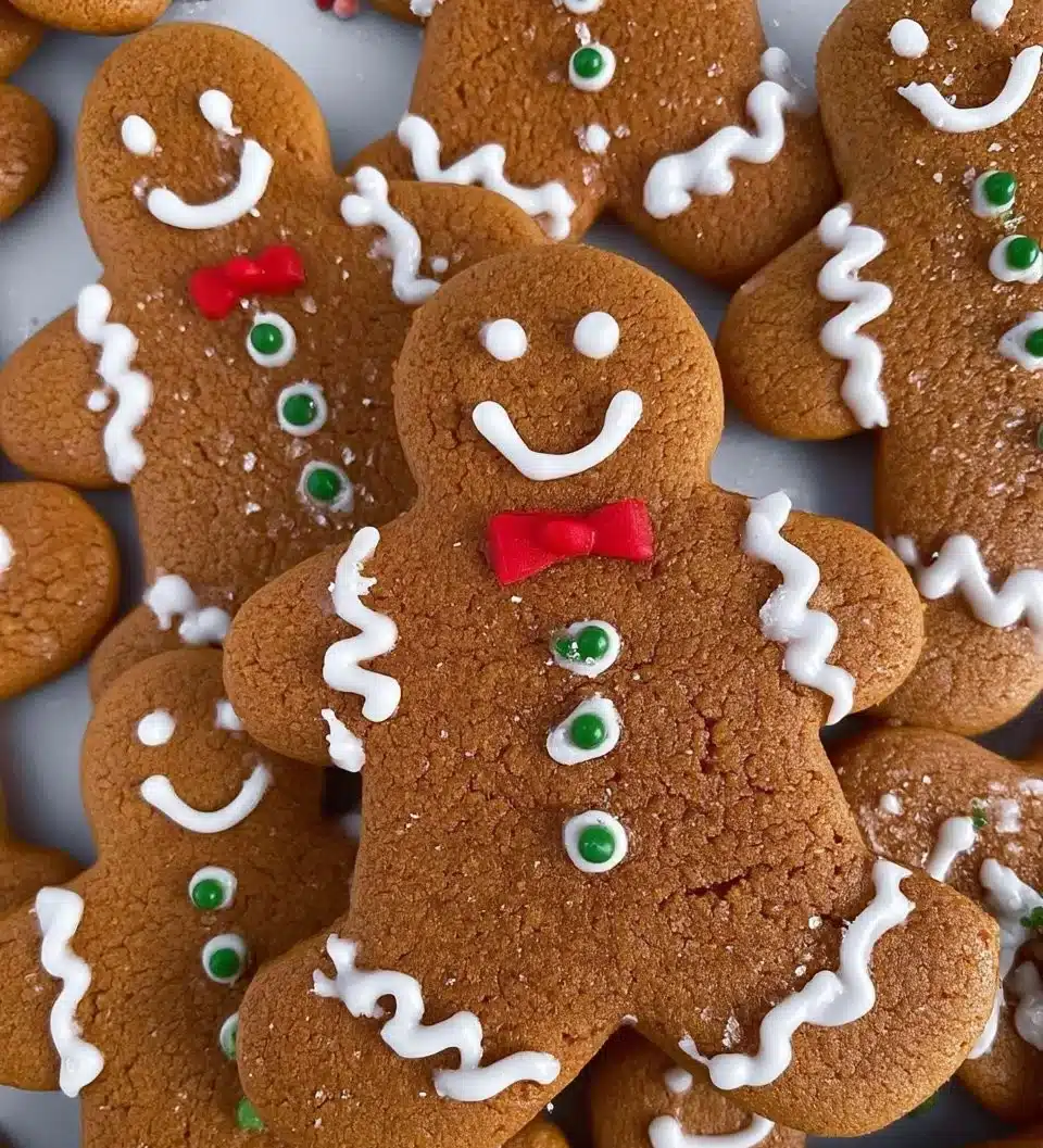 Delicious Gingerbread Men cookies decorated with icing and candy.