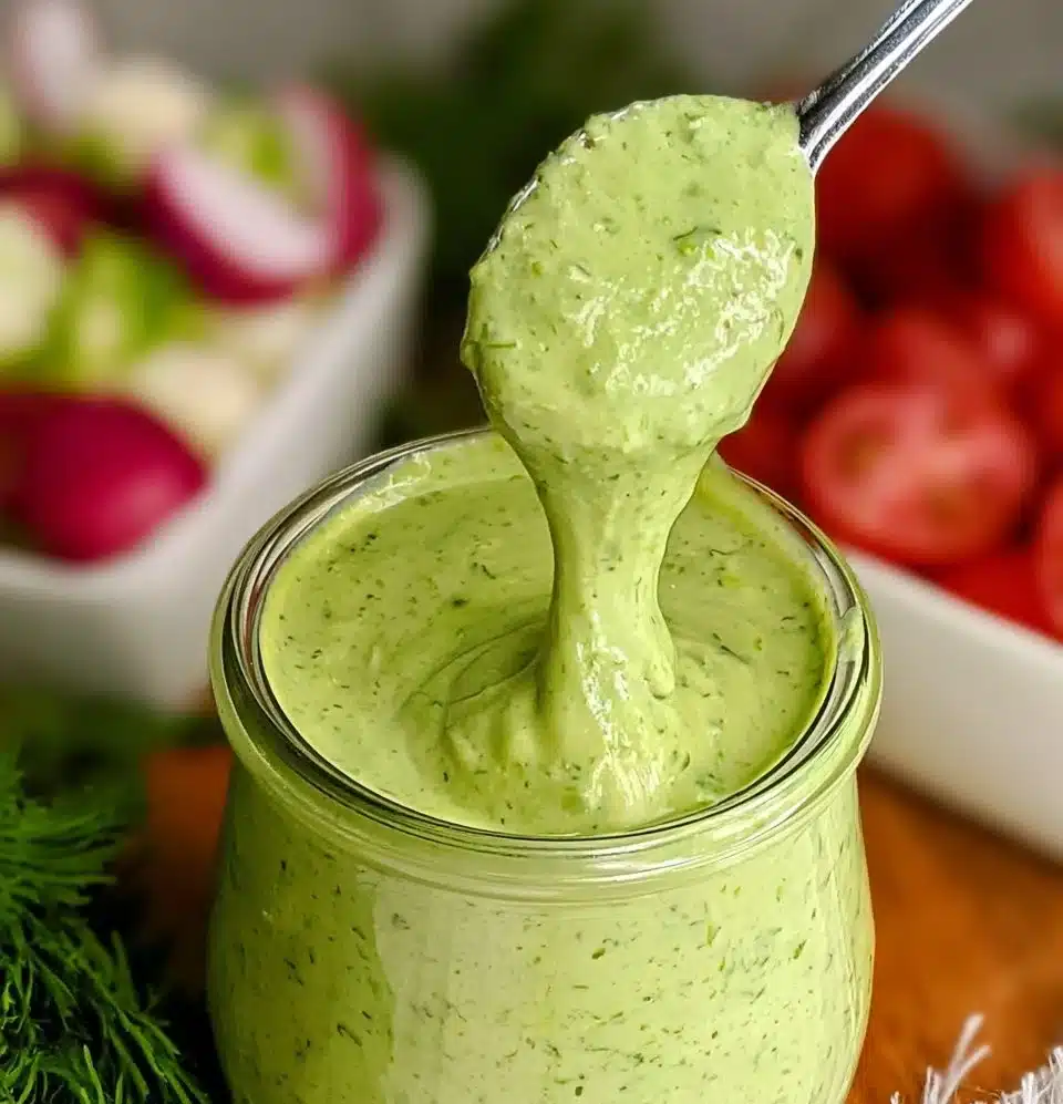 Homemade Green Goddess Dressing in a bowl with fresh herbs and vegetables.
