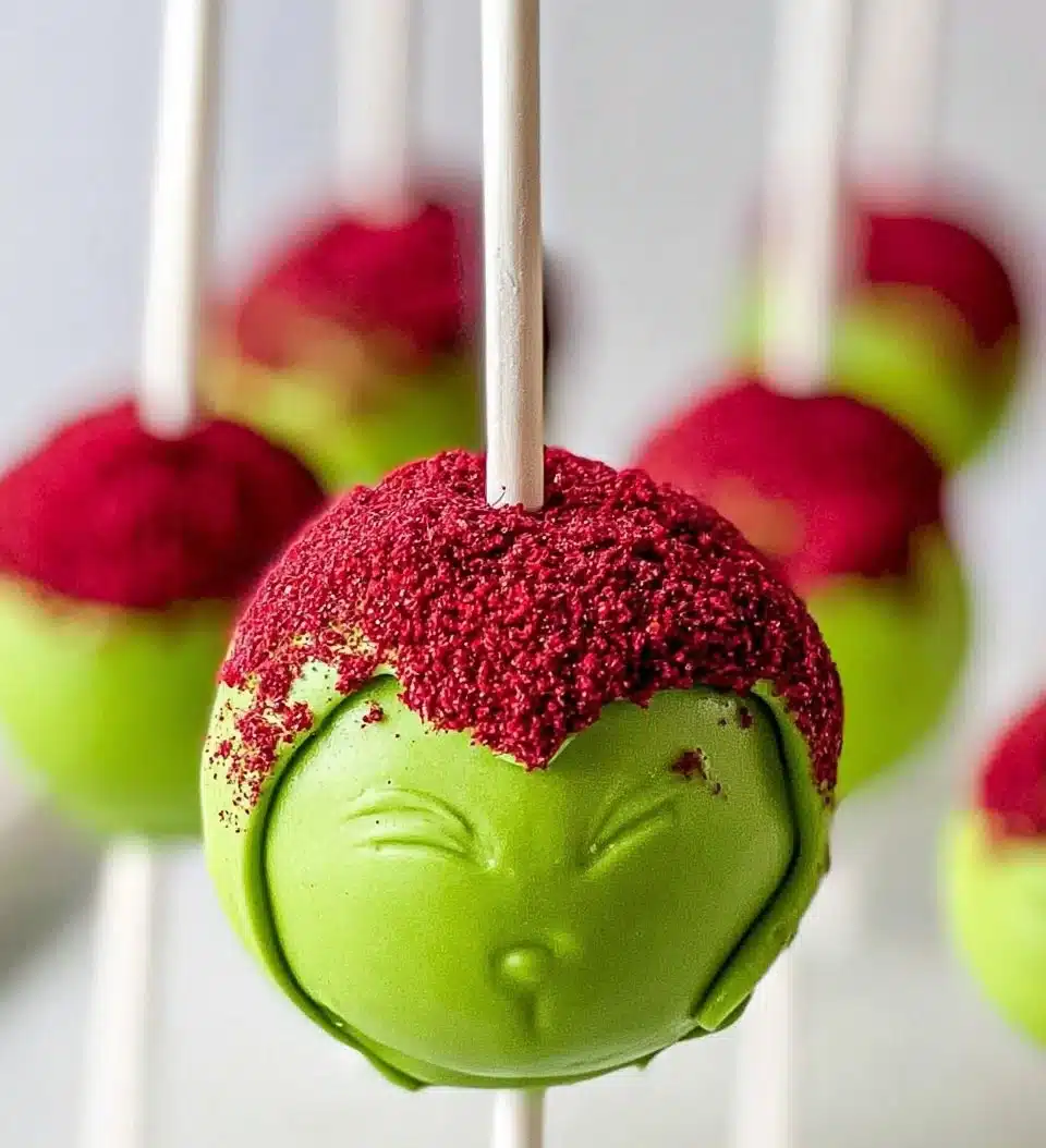 Festive Grinch Cake Pops decorated in green with Santa hats