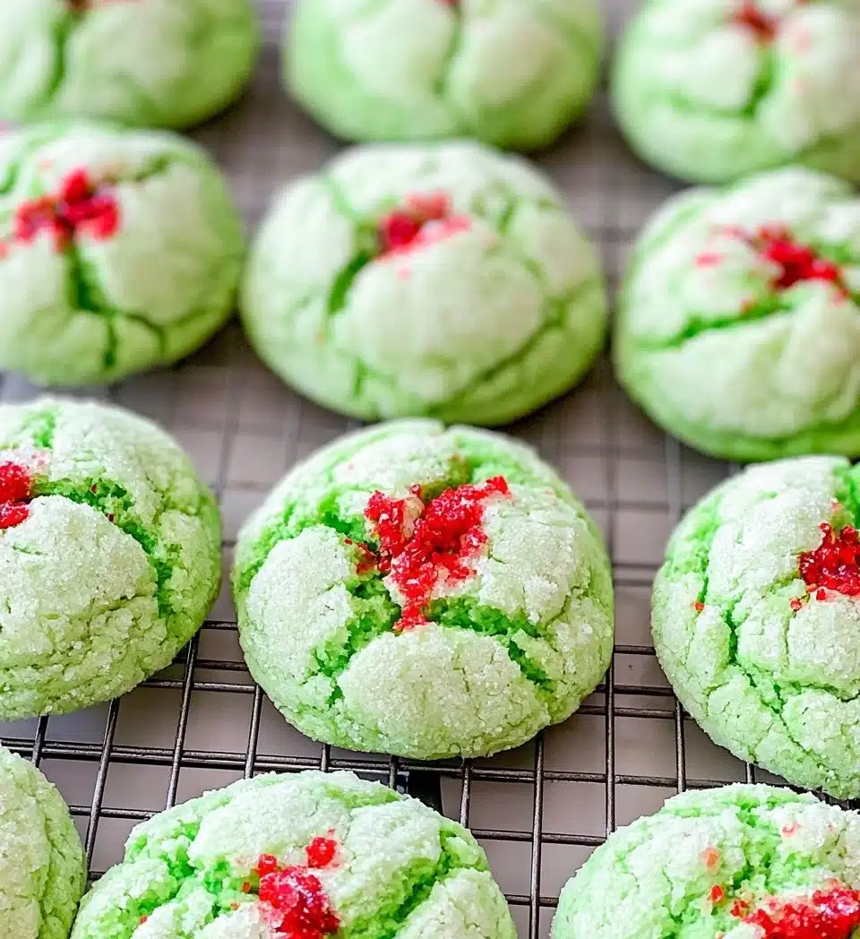 Delicious Grinch Cookies decorated in festive green and red for Christmas