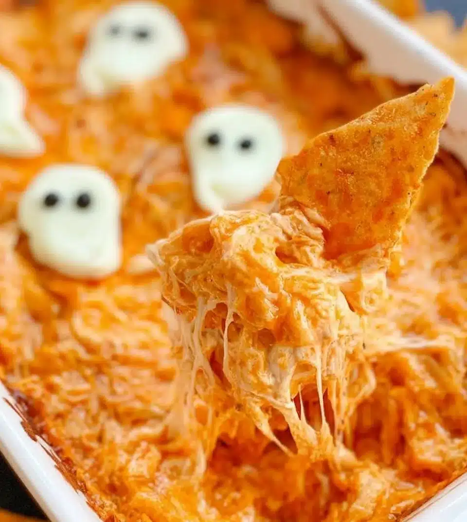 Halloween-themed Buffalo Chicken Dip served in a festive bowl