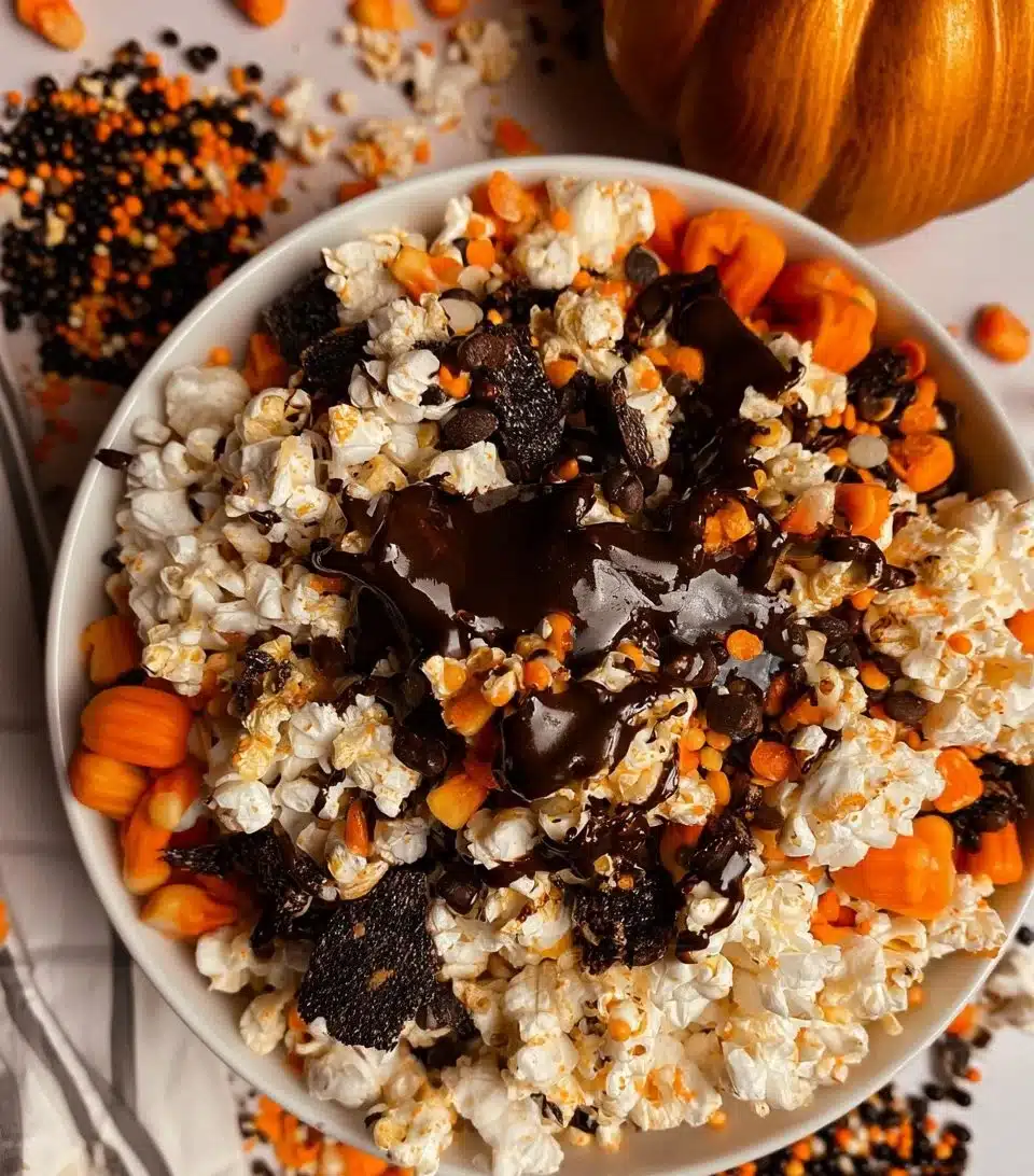 Colorful Halloween popcorn mix with spooky decorations and treats
