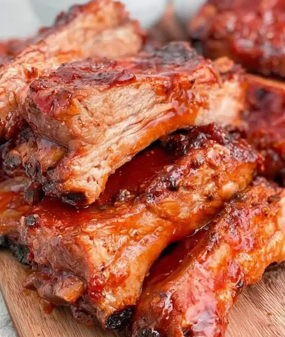 Delicious honey garlic ribs served with herbs and spices
