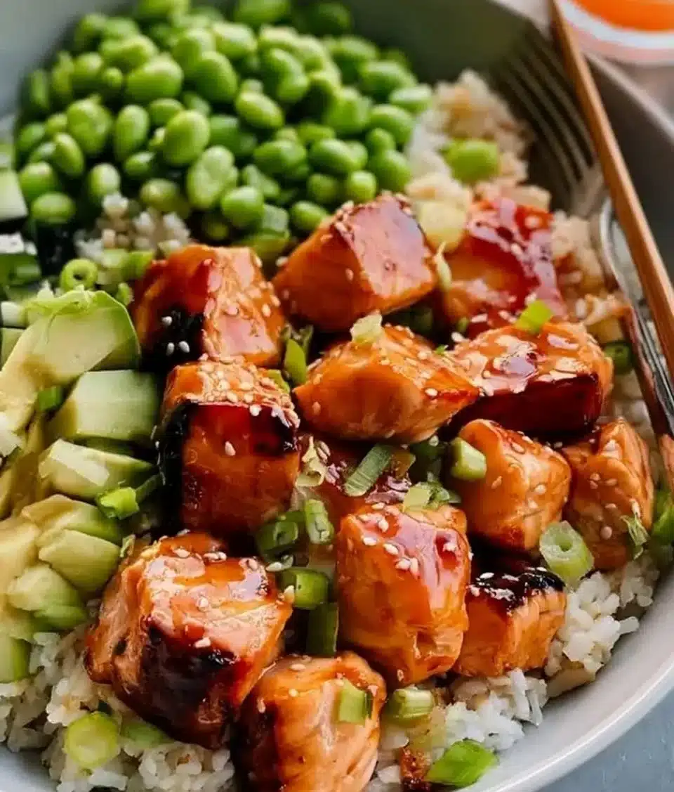 Delicious Honey Salmon Bowl garnished with fresh vegetables and herbs