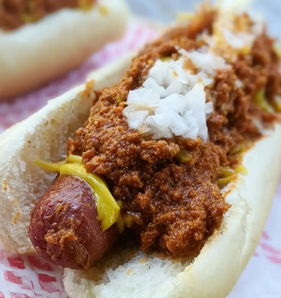 Delicious hot dog chili served over grilled hot dogs