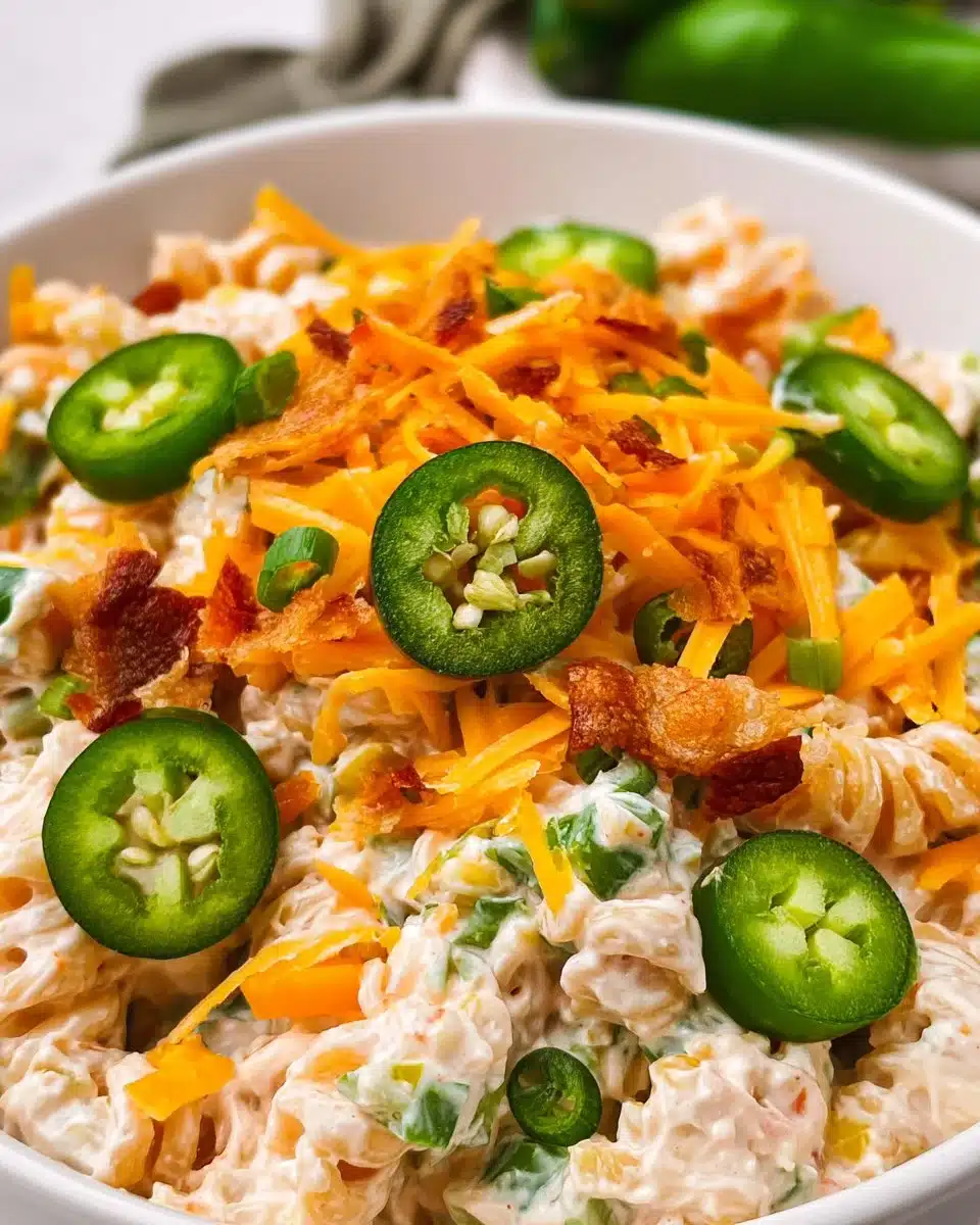 Bowl of Jalapeño Popper Pasta Salad with creamy dressing and jalapeños, garnished with herbs.