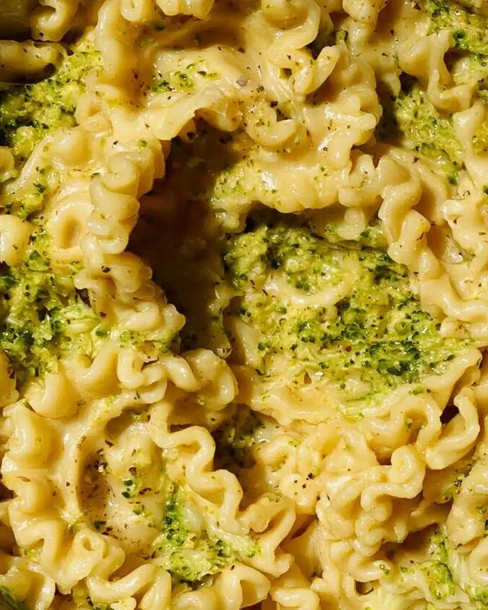 Mafaldine Pasta Limone with Broccoli served in a colorful dish