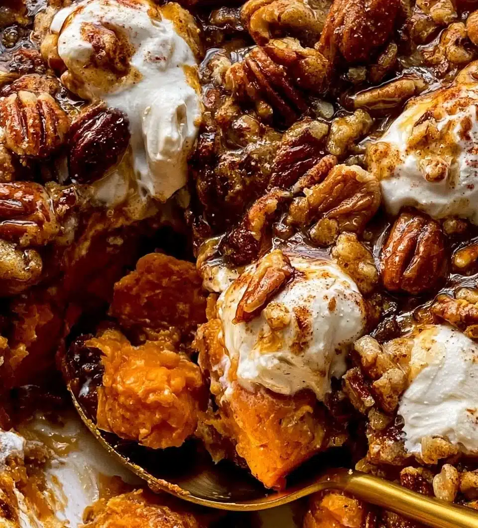 Delicious Maple Sweet Potato Casserole with a crispy topping