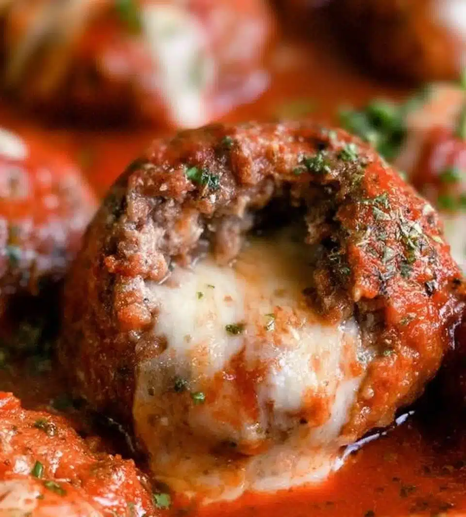 Plate of delicious mozzarella meatballs with marinara sauce