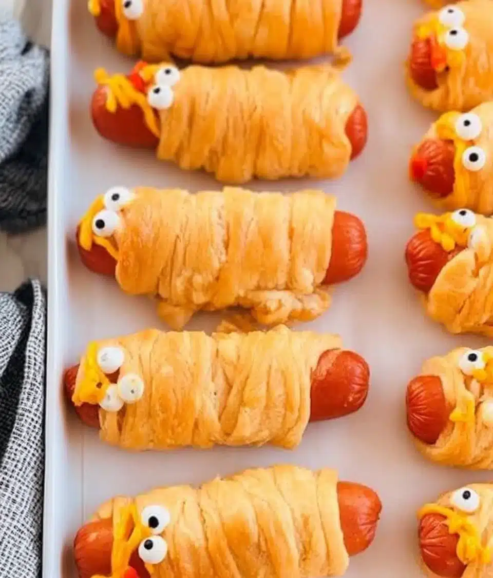 Fun and spooky Mummy Dogs wrapped in crescent dough, perfect for Halloween snacks.