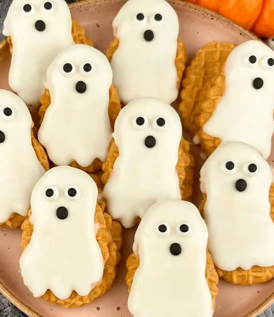 Nutter Butter Ghost Cookies decorated for Halloween with icing and candy eyes.