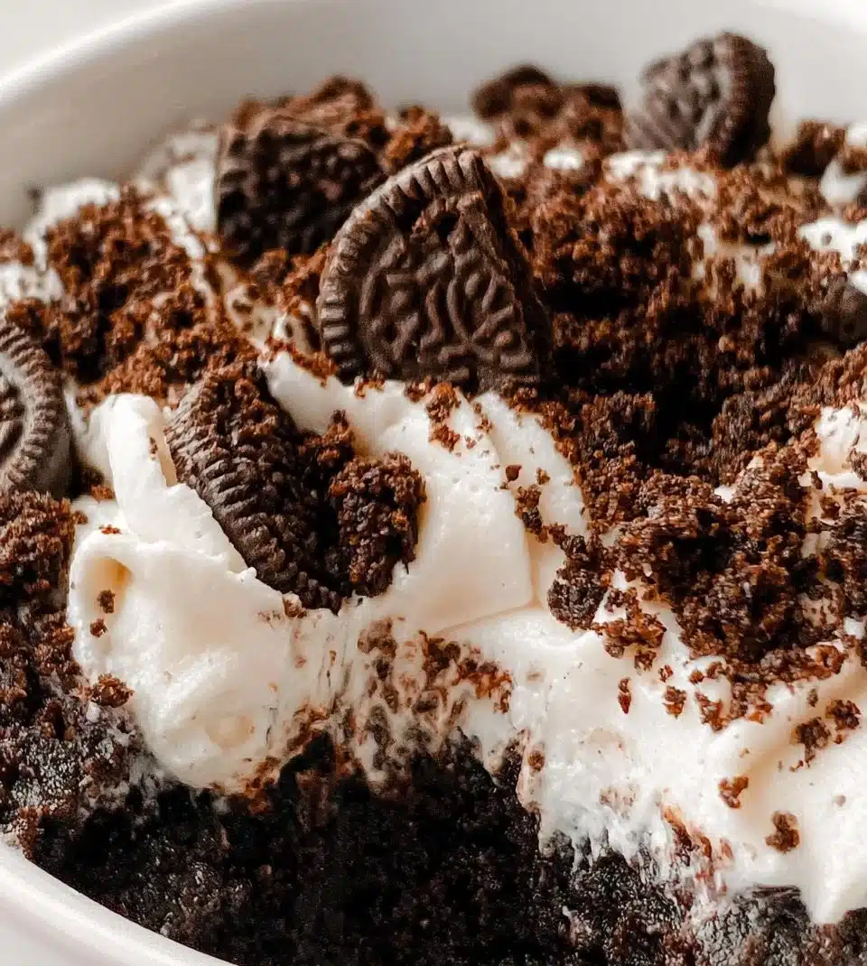 Delicious Oreo Mug Cake topped with crushed Oreos and whipped cream