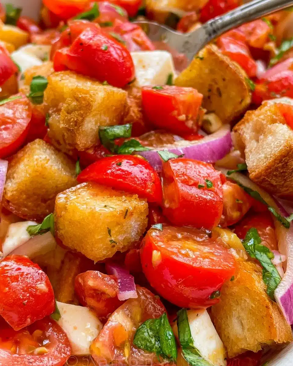 Colorful Panzanella Salad with tomatoes, cucumbers, and bread in a bowl.
