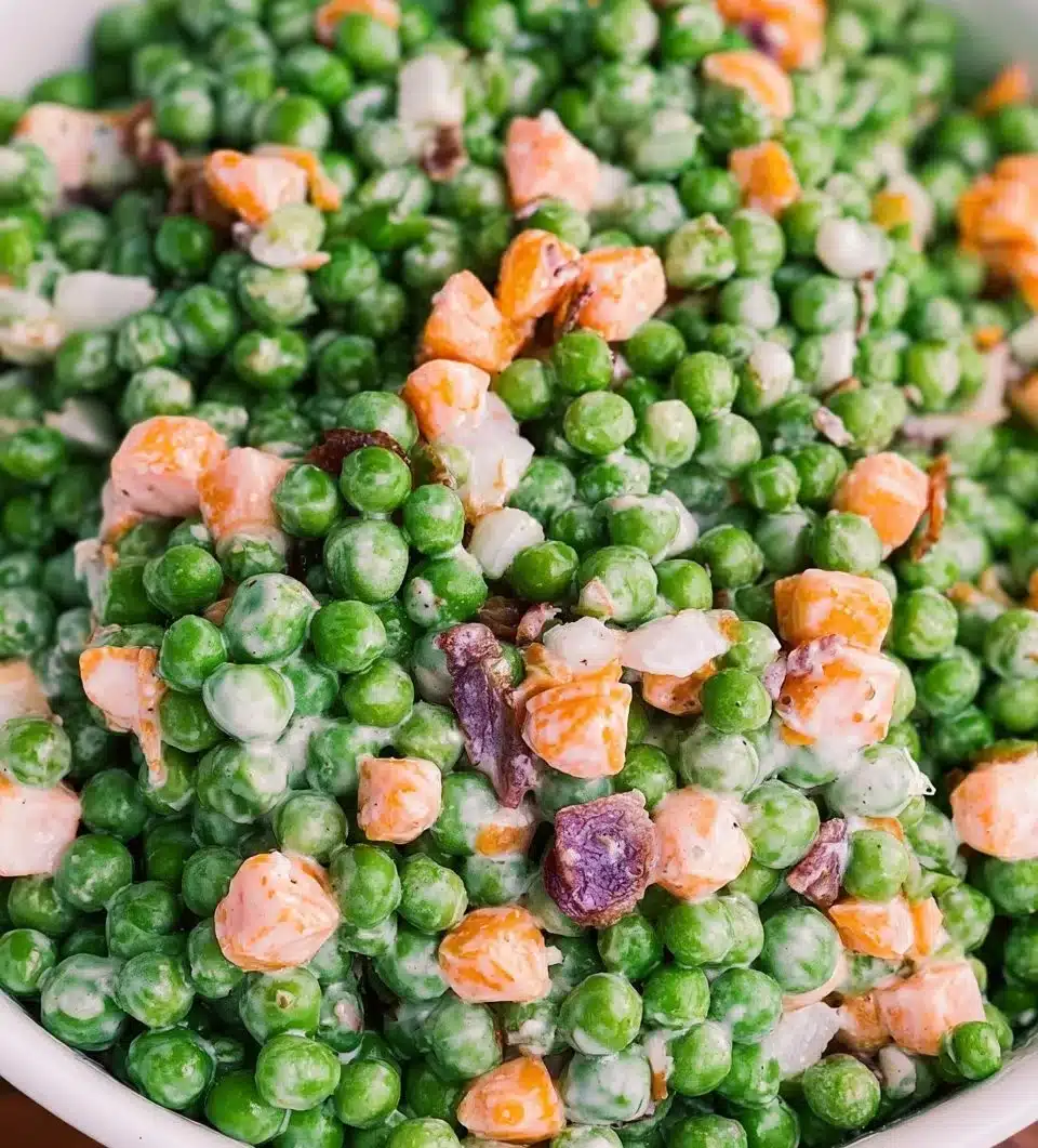 Fresh and colorful pea salad with vegetables and dressing