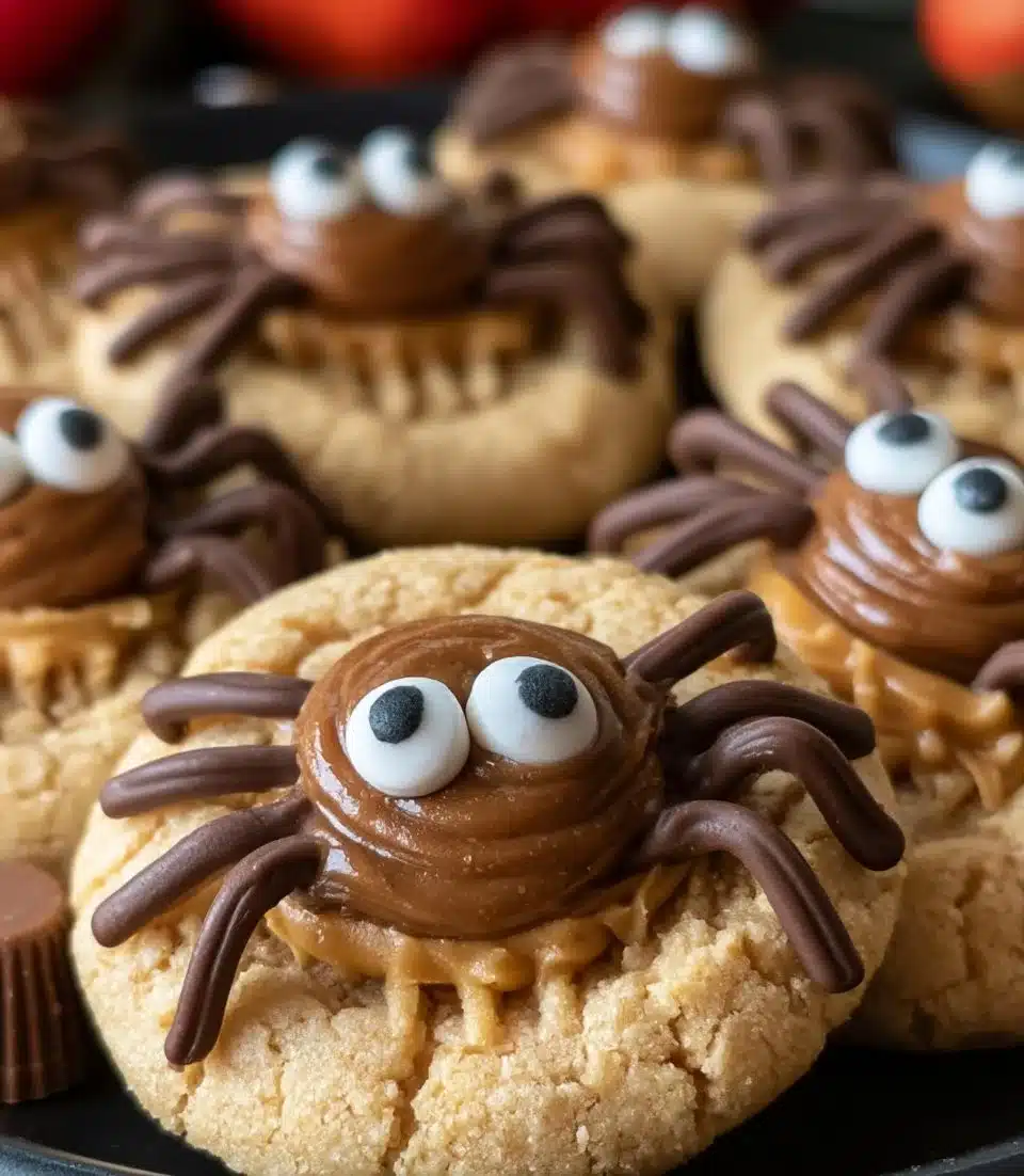 Peanut Butter Spider Cookies decorated with chocolate and candy eyes