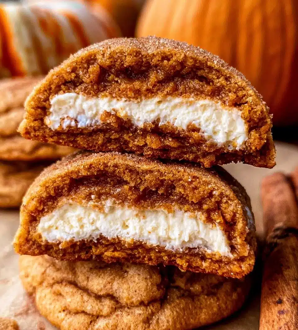 Delicious pumpkin cheesecake cookies topped with cream and spices.