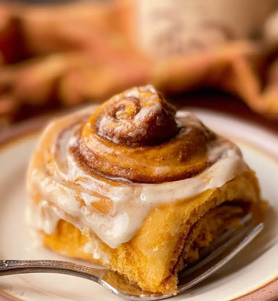 Freshly baked pumpkin cinnamon rolls with cream cheese frosting