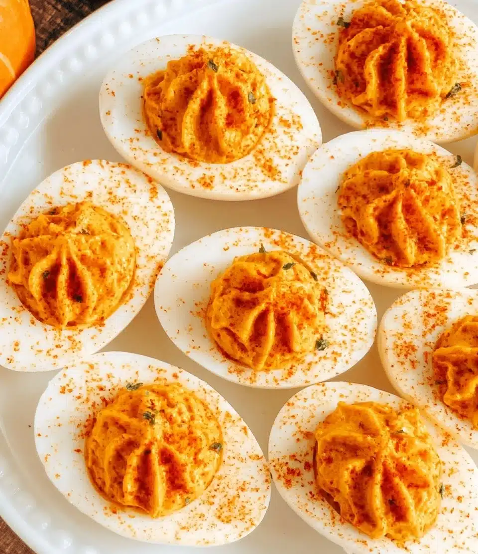 Pumpkin Deviled Eggs with a festive garnish served on a platter
