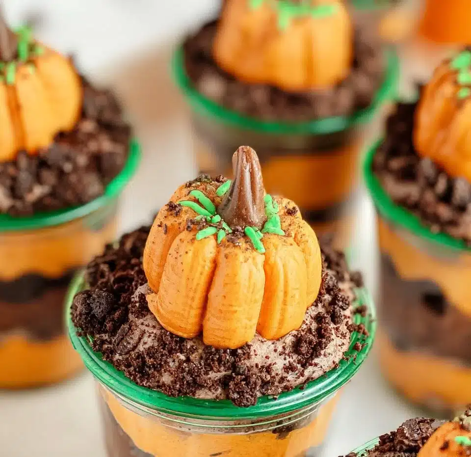 Delicious Pumpkin Dirt Cups decorated with crushed cookies and whipped topping