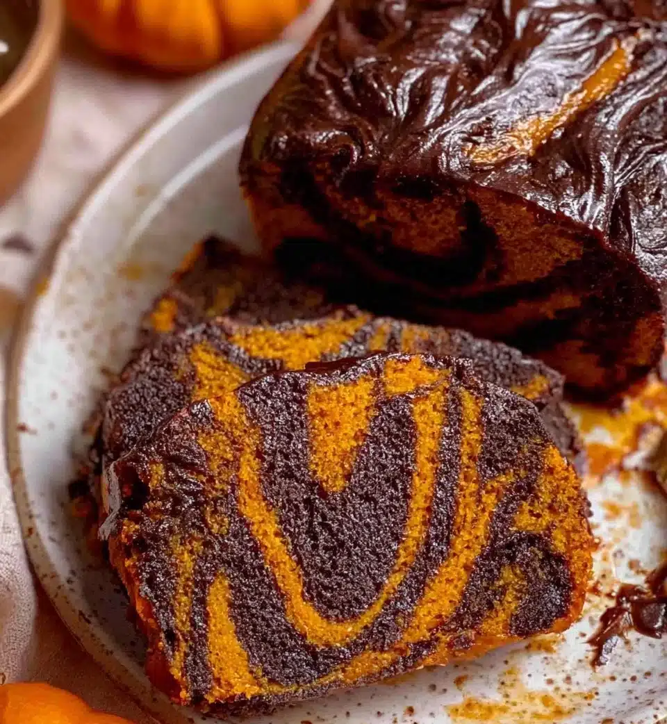 Delicious Pumpkin Marble Cake with chocolate swirls on a wooden table